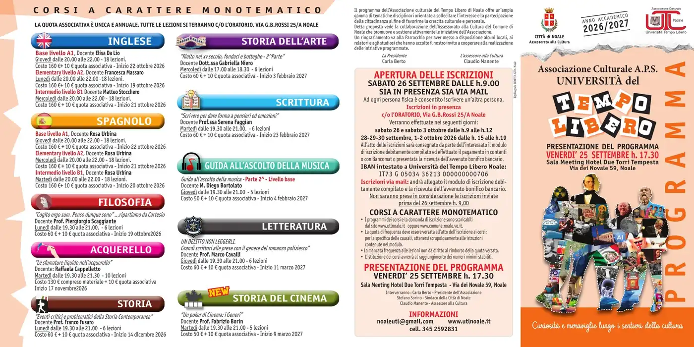 Volantino del programma 2026/2027 UTL Noale, prima facciata: i corsi monotematici, le iscrizioni e la copertina