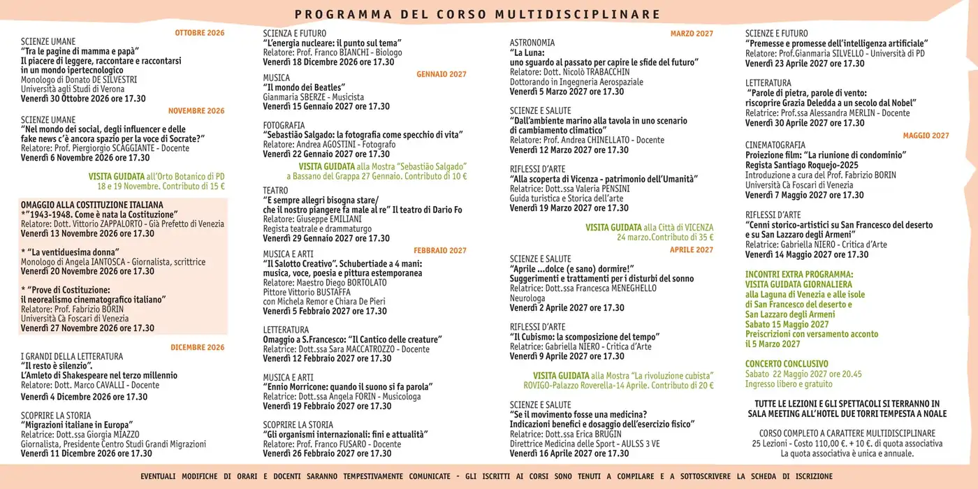 Volantino del programma 2026/2027 UTL Noale, seconda facciata: le 25 lezioni del corso multidisciplinare